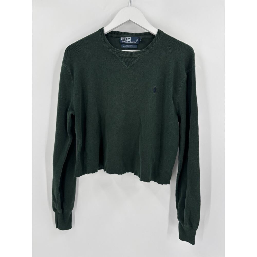 Vintage Polo Ralph Lauren Sweater Womens Medium Green Raw Hem Pullover Cropped